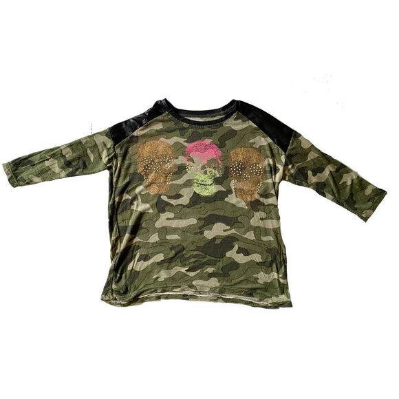 Camo shirt, leatherette trim, bling snd sculls - Picture 1 of 10